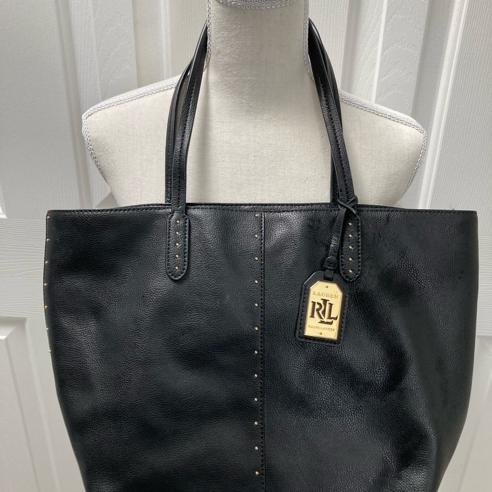 Ralph Lauren Large Black Leather with Studs Zippered Tote Bag NWOT - Picture 2 of 8